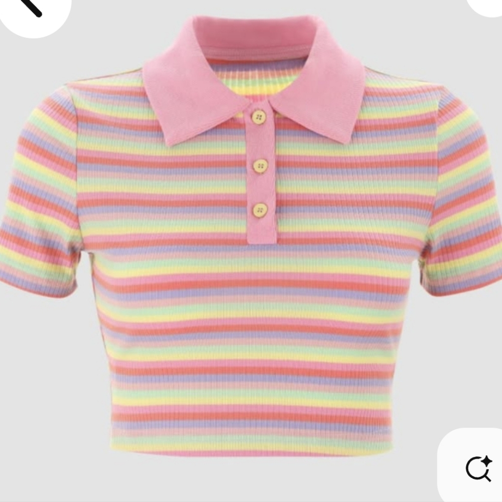 Cider Crop Striped Polo Shirt - Pink and Multicolor